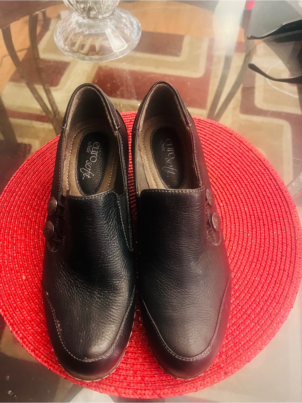 Sofft Black Leather Slip-On Mules with Decorative Button Accent